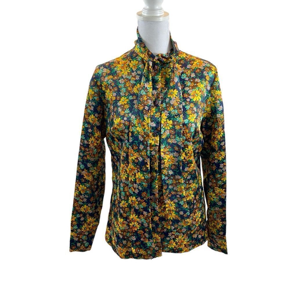 Vintage 70’s Smart Fit‎ Original Ladies Tie Collar Floral Button Down Blouse Med
